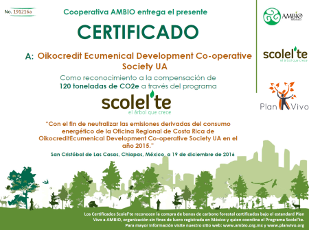 Carbon Offset Certificate 2015, regional office, Costa Rica
